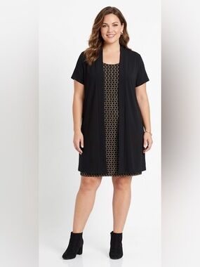 Enfocus Black Open-Front Short Sleeve Duster with Patterned Dress